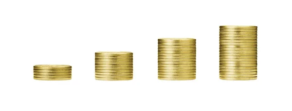 Зростаючий грошовий графік на рядках 5, 10, 15, 20 золотих монет і купа — стокове фото