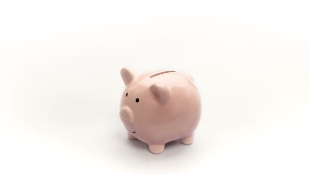 お金を節約貯金箱ピンク分離 豚人形銀行白い背景の上にコインを入れての手 コピー領域の背景のテキストとタイトルの設計のための 1080 Fhd Vdo — ストック動画
