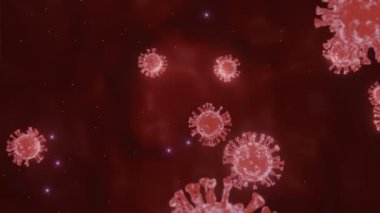Coronavirus, COVID-19 mikroskop altında kanda enfeksiyon. Corona virüsünün uçuşu ya da hareketi, kırmızı arka planda grip virüsü. 4k UHD, 3d render, Animasyon, İllüzyon Videosu üzerindeki Mikrop Germs Bakteri hücreleri