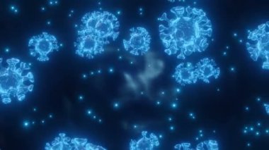 Coronavirus, COVID-19 mikrobu mikroskop altında. Corona virüsünün uçuşu ya da hareketi, mavi arka planda grip virüsü. 4k UHD, 3d render, Animasyon, İllüzyon Videosu üzerindeki Mikrop Germs Bakteri hücreleri