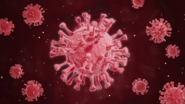 Coronavirus, COVID-19 infect in blood under microscope. Flying or motion of Corona virus, flu virus on red background. Microbe Germs Bacteria  cells on 3d render, Animation, Illustration clipart
