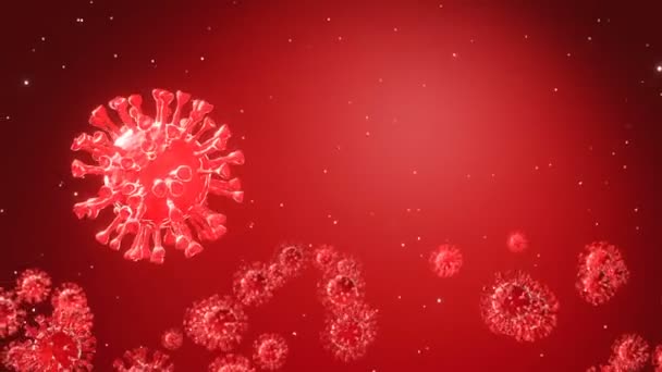 コロナウイルス Covid 19は顕微鏡下で血液中に感染します コロナウイルス 赤い背景にインフルエンザウイルスの飛行または動き Microbe Germs Uhd 3Dレンダリング アニメーション — ストック動画