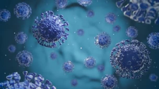 Coronavirus Covid Mikrobu Mikroskop Altında Corona Virüsünün Uçuşu Hareketi Mavi — Stok video