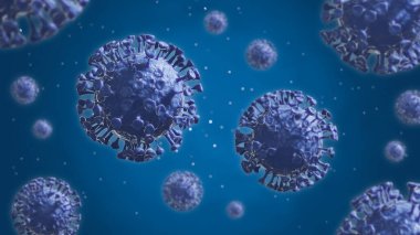 COVID-19 salgını, Corona virüsü, grip virüsü, Çin virüsü mavi arka planda mikroskop altında izole edildi. Coronavirus, Covid 19, Bakteri, Tehlike hücresi sağlıklı, enfeksiyon, 3d animasyon, illüstrasyon.