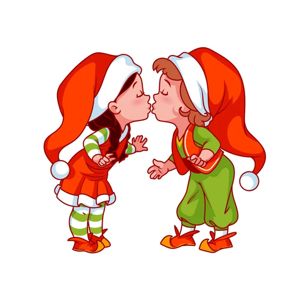 Caricature Les petits aidants du Père Noël s'embrassent . — Image vectorielle