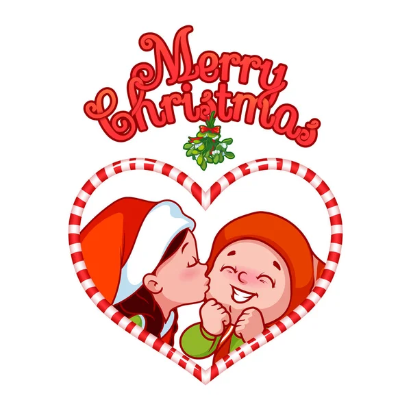 Ajudantes do Papai Noel dos desenhos animados estão se beijando sob visco em ca — Vetor de Stock
