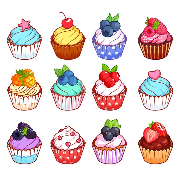 Conjunto de cupcakes con diferentes ingredientes . — Archivo Imágenes Vectoriales