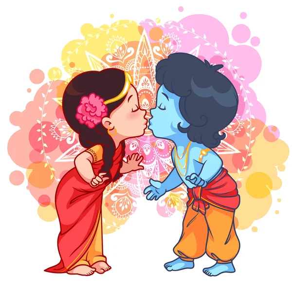Little cartoon Krishna kissing Radha. — Stock Vector