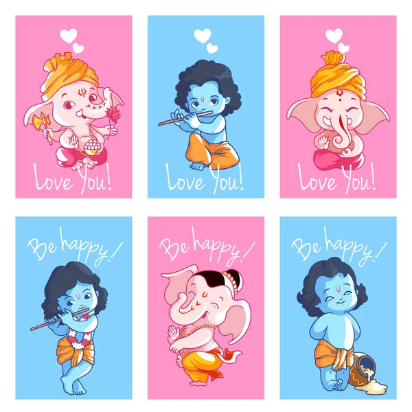 Set of cute cards with Krishna and Ganesha. — Stock Vector