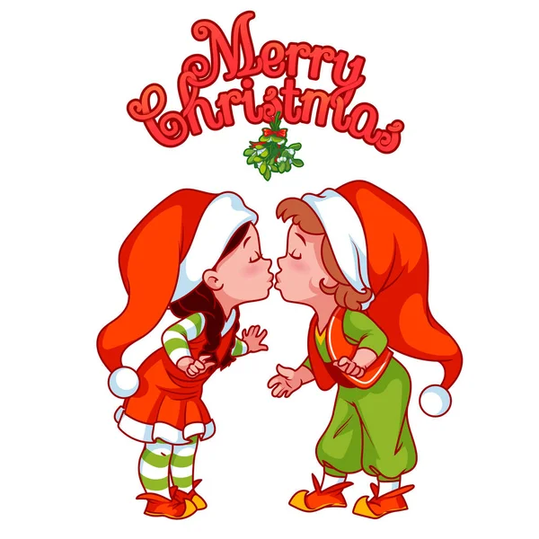 Die kleinen Helfer des Weihnachtsmannes küssen sich unter Misteln. Stockvektor
