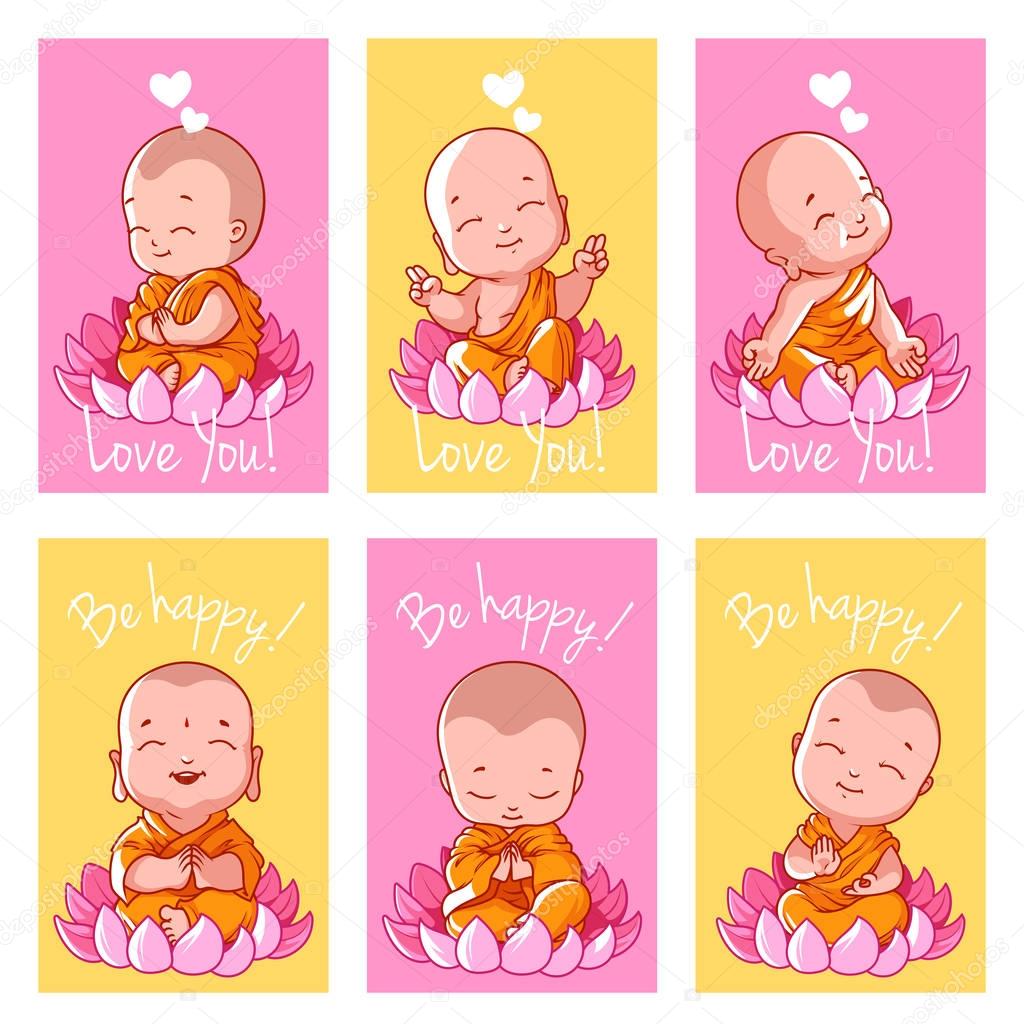 Set of cute cards with Buddha.