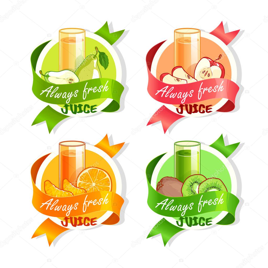 Four stickers with ribbon and different fruits juices. Pear, apple, orange and kiwi fresh drinks. Vector illustration isolated on a white background.