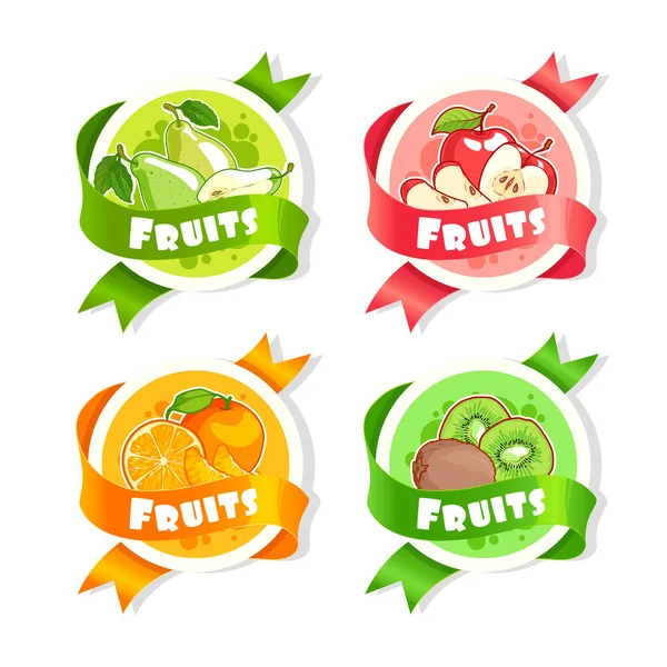 Four stickers with ribbon and different fruits. — Stock Vector