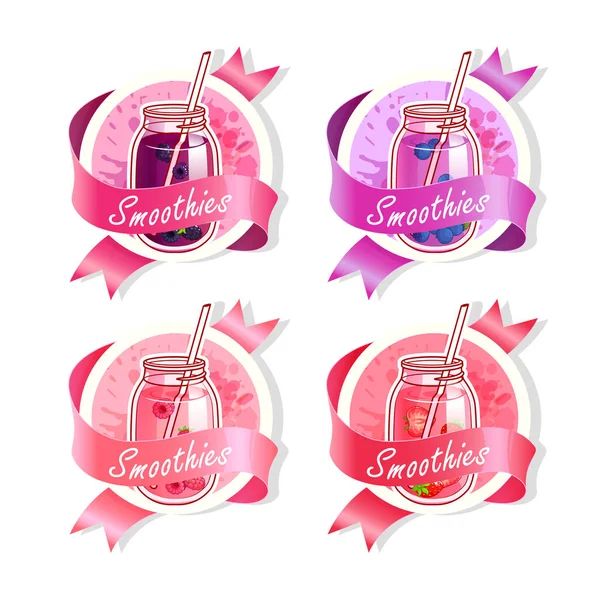 Four stickers with ribbon and different smoothies in jars. — Stock Vector