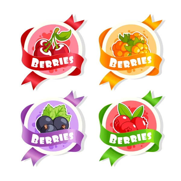 Чотири наклейки зі стрічкою та різними ягодами . — стоковий вектор