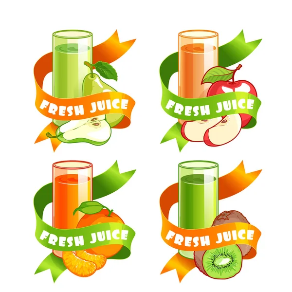 Cuatro pegatinas con cinta y diferentes jugos en vasos . — Vector de stock