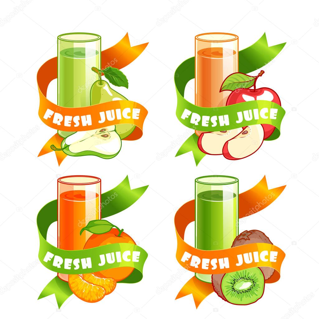 Four stickers with ribbon and different juices in glasses. Pear, apple, orange and kiwi fresh drinks. Vector illustration isolated on a white background.