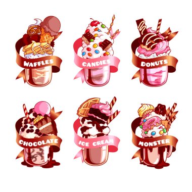 Şerit ve farklı milkshakes ile altı sopa.