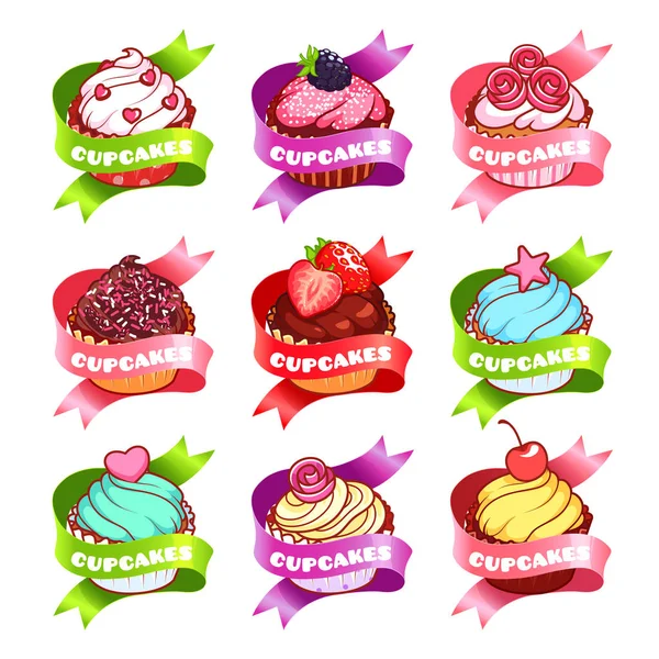 Nine stickers with ribbon and different cupcakes. — Stock Vector