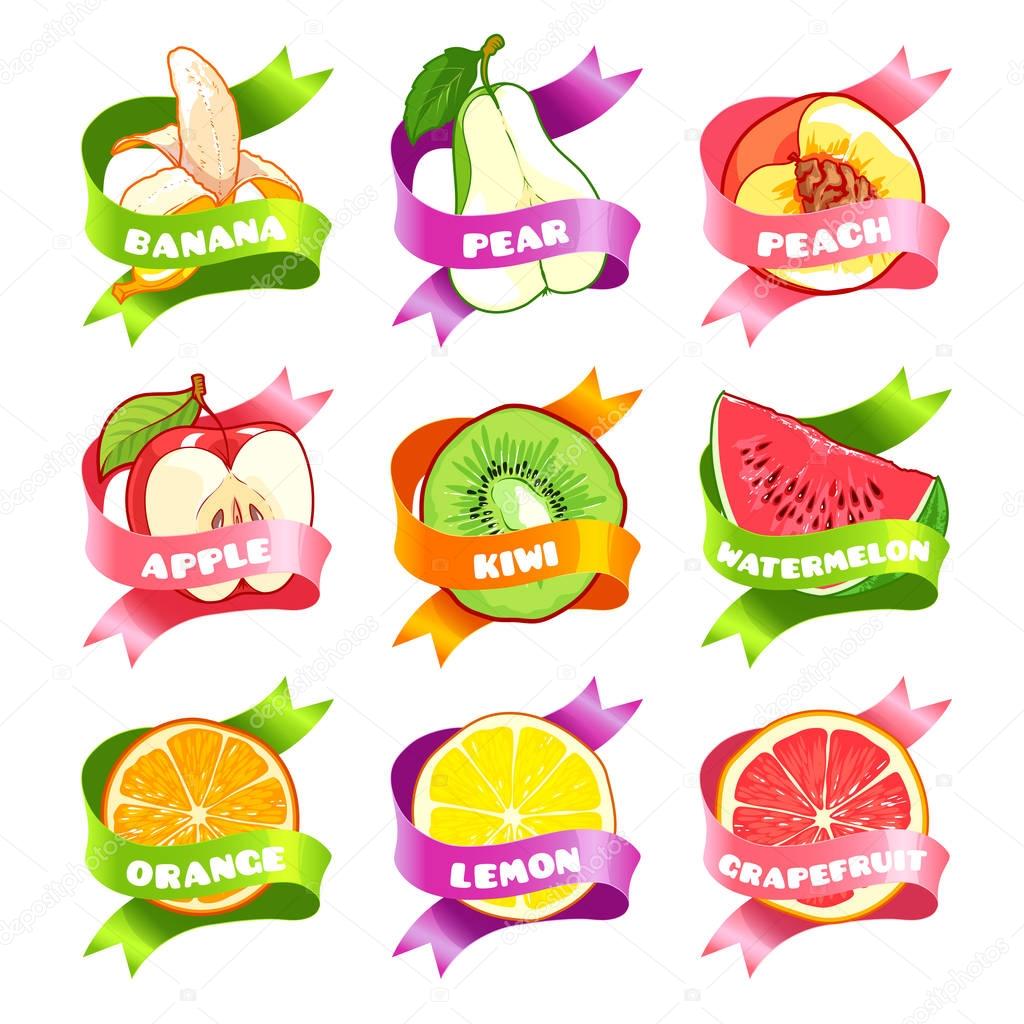 Nine stickers with ribbon and different fruits. Banana, pear, peach, apple, kiwi, watermelon, orange, lemon, and grapefruit. Vector illustration isolated on a white background.