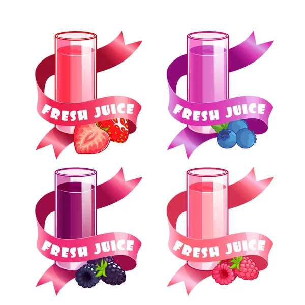 Cuatro pegatinas con cinta y diferentes jugos en vasos . — Vector de stock