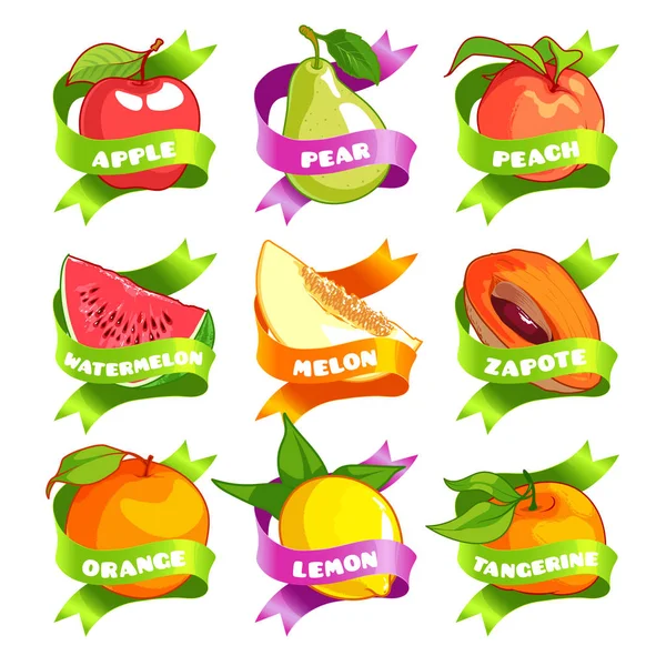 Девять наклеек с лентой и различными фруктами . — стоковый вектор