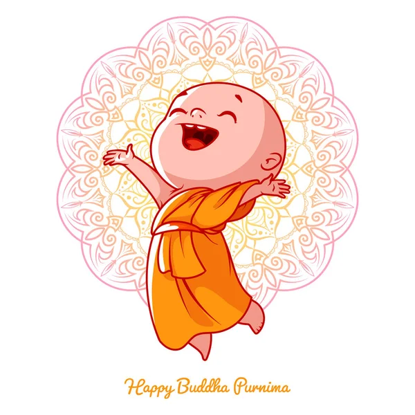 Pequeno monge feliz no manto laranja . — Vetor de Stock