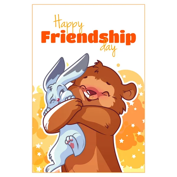 Sevimli ayı ve tavşan ile dostluk gün için tebrik kartı. — Stok Vektör