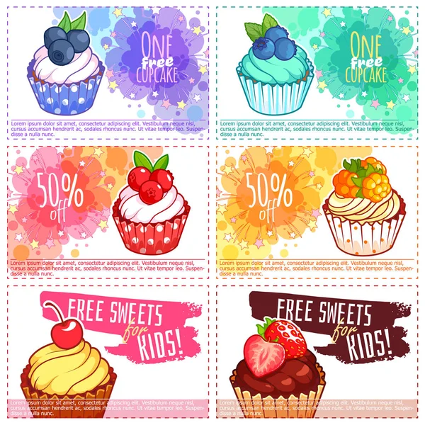 Seis crianças diferentes cupons de desconto para cupcakes . —  Vetores de Stock