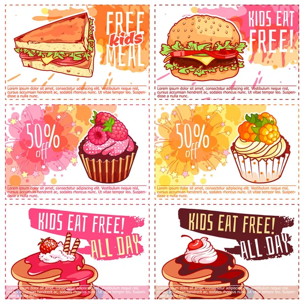 Sechs verschiedene Kinder-Rabattgutscheine für Fast Food oder Dessert. — Stockvektor