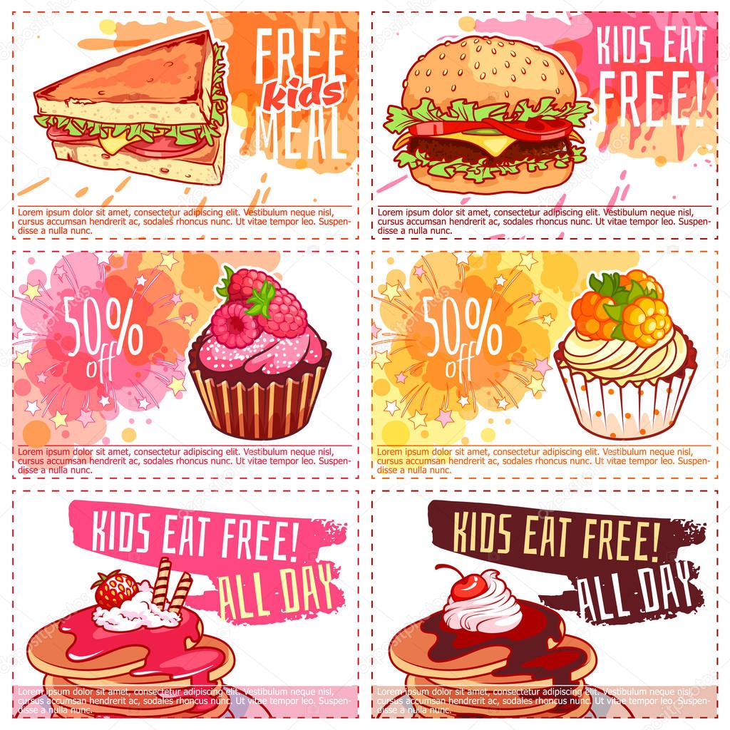 Six different kids discount coupons for fast-food or dessert. — Stock