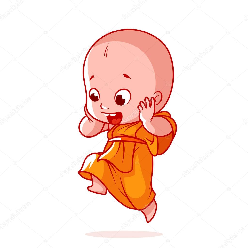 Very happy little monk is jumping.