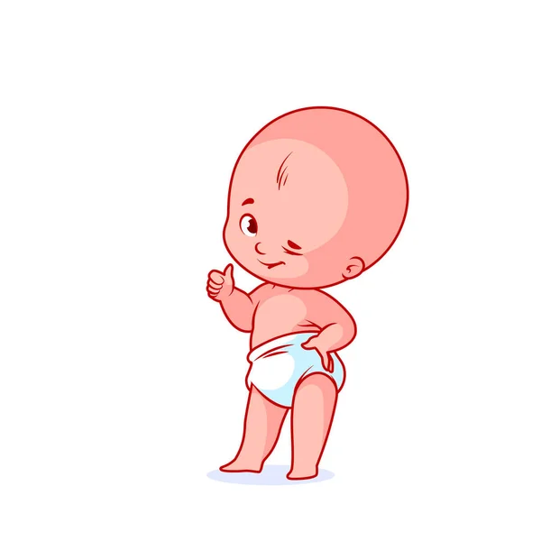 Muy lindo bebé en un pañal blanco con un pulgar hacia arriba . — Archivo Imágenes Vectoriales