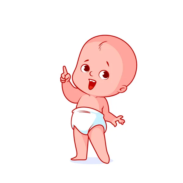 Très mignon petit bébé dans une couche blanche avec un doigt vers le haut . — Image vectorielle