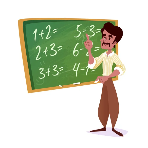 Indian school teacher with a green chalkboard. — Stock Vector