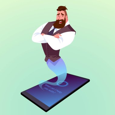 Modern smartphone with virtual assistant like a genie. clipart