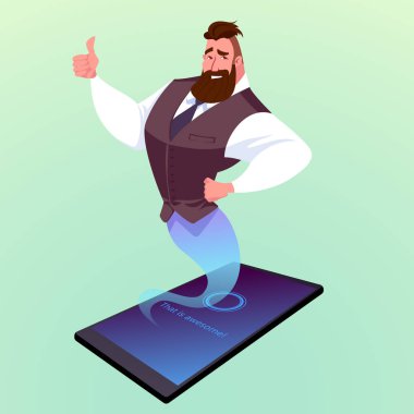 Modern smartphone with virtual assistant like a genie. clipart