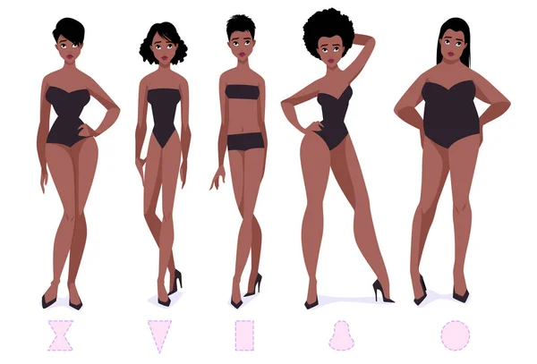 Conjunto de tipos de forma do corpo feminino - cinco tipos. Mulheres afro-americanas . Vetor De Stock