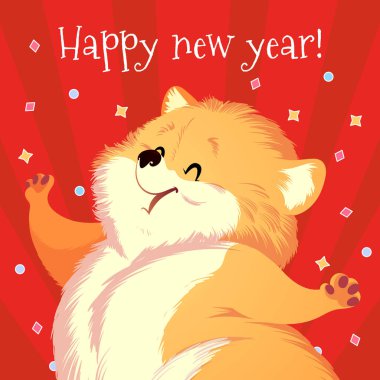 Yeni yıl için karikatür kart ile tüylü şirin köpek.