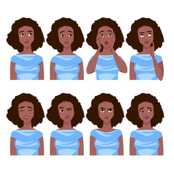 Set of African American woman's emotions. — Stock Vector