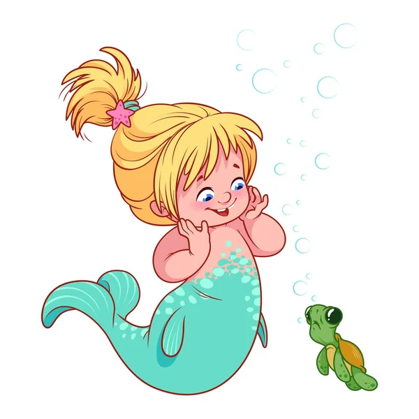 Cute little mermaid with funny turtle. — Stock Vector