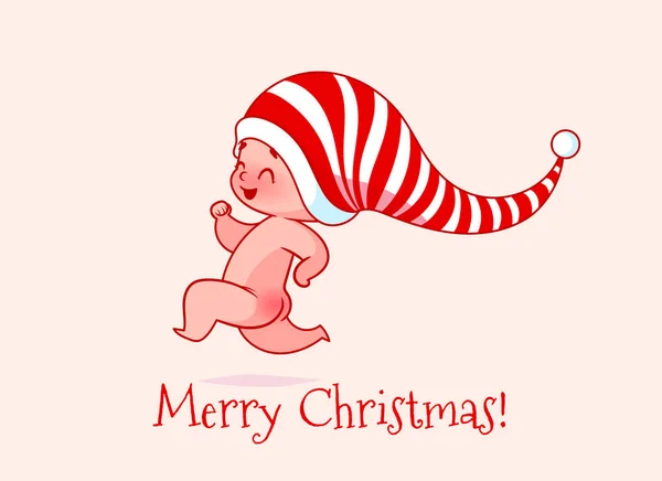 Carte de Noël avec un drôle de bébé qui court . — Image vectorielle