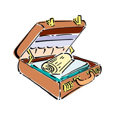 Seyahat için giysi dolu bavulu aç. Dava yolculuğu aksesuarı. İzole edilmiş beyaz arkaplan.