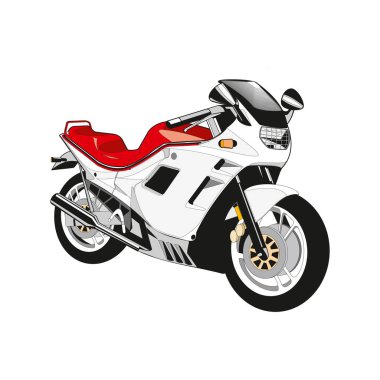 Motosiklet vektörü, gerçekçi illüstrasyon. Siyah motosiklet yarım yüz, beyaz arka planda birçok detay var.