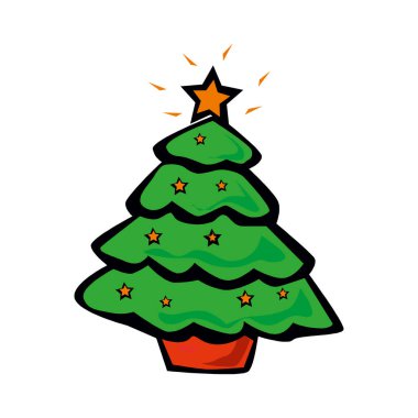 Yıldız, dekorasyon baloları ve ampul zinciri bir sürü hediye kutusuyla süslenmiş Noel ağacı. Düz biçim vektör çizimi beyaz arkaplanda izole edildi.