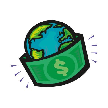 Bölüm 10 'da beyaz bir arkaplanda izole edilmiş dolarlarla dünya gezegeni Dünya.