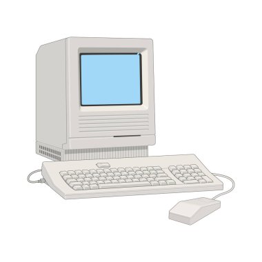 Beyaz arkaplanda monitörü, klavyesi ve faresi olan retro masaüstü beyaz bilgisayarı