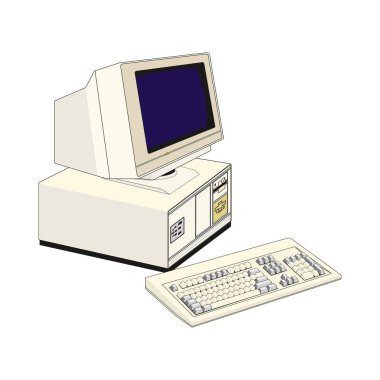 Beyaz arkaplanda monitörü, klavyesi ve faresi olan retro masaüstü beyaz bilgisayarı