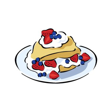 Çilekli tatlı. Çizgi film tarzı vektör simgeleri. Böğürtlen tatlısı çizim seti