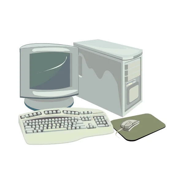 La computadora blanca de escritorio retro con monitor, teclado y ratón en el fondo blanco en EPS10 — Vector de stock
